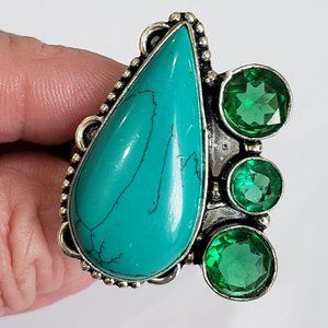 Handmade Tibetian Turquoise Peridot Gem 925 Unique Ring